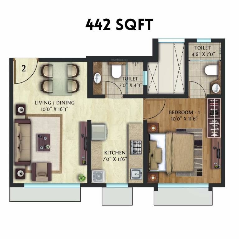 Floor plan of 1 BHK 442 Sq. Ft. Apartment in Ascent Crescent Downtown, Mumbai