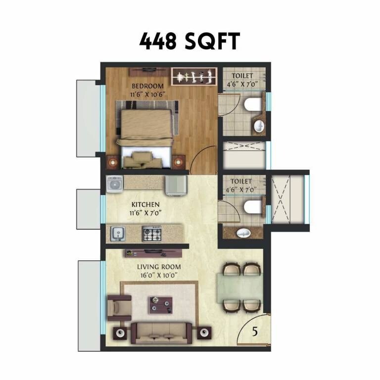 Floor plan of 1 BHK 448 Sq. Ft. Apartment in Ascent Crescent Downtown, Mumbai