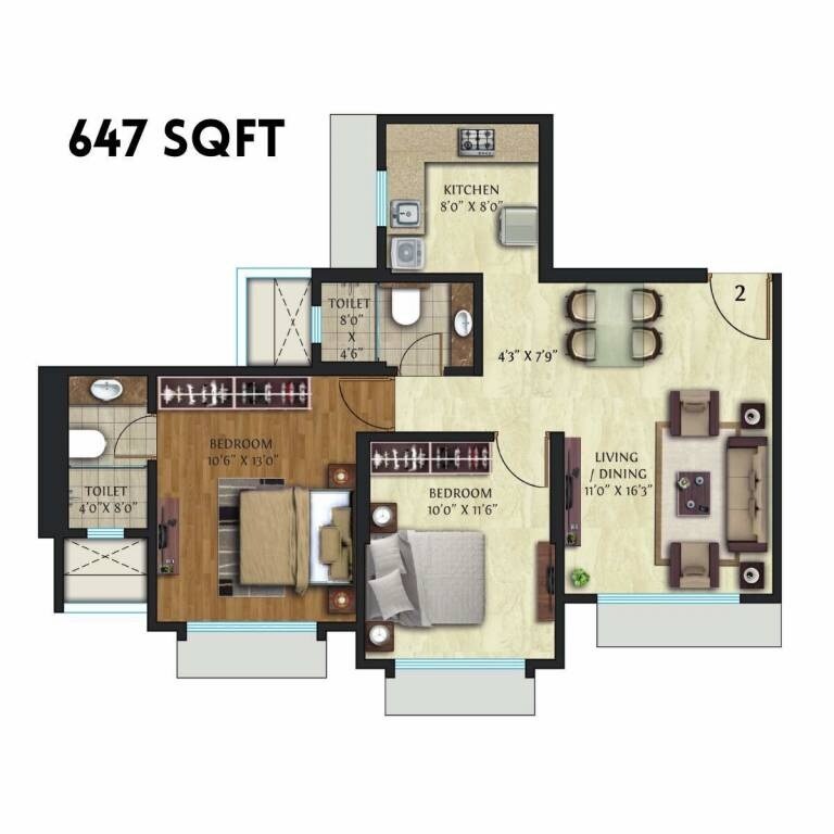 Floor plan of 2 BHK 647 Sq. Ft. Apartment in Ascent Crescent Downtown, Mumbai