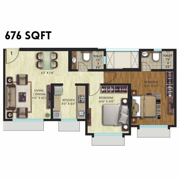 Floor plan of 2 BHK 676 Sq. Ft. Apartment in Ascent Crescent Downtown, Mumbai