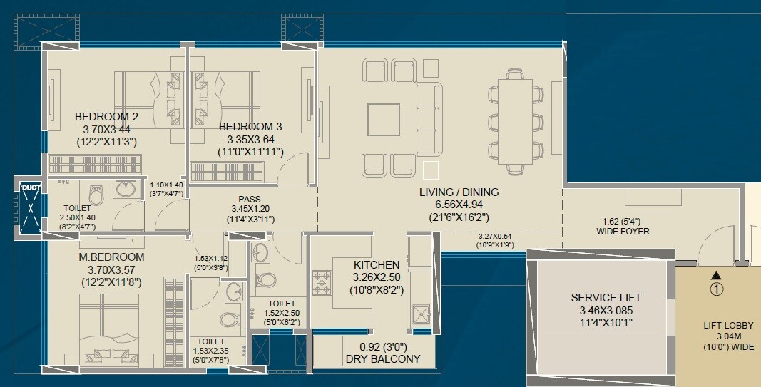 Floor plan of 3 BHK 1193 Sq. Ft. Apartment in Ashapura Estado, Mumbai