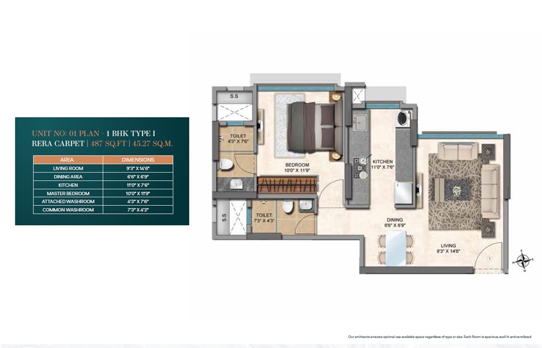 Floor plan of 1 BHK 487 Sq. Ft. Apartment in Ashapura The Legend, Mumbai