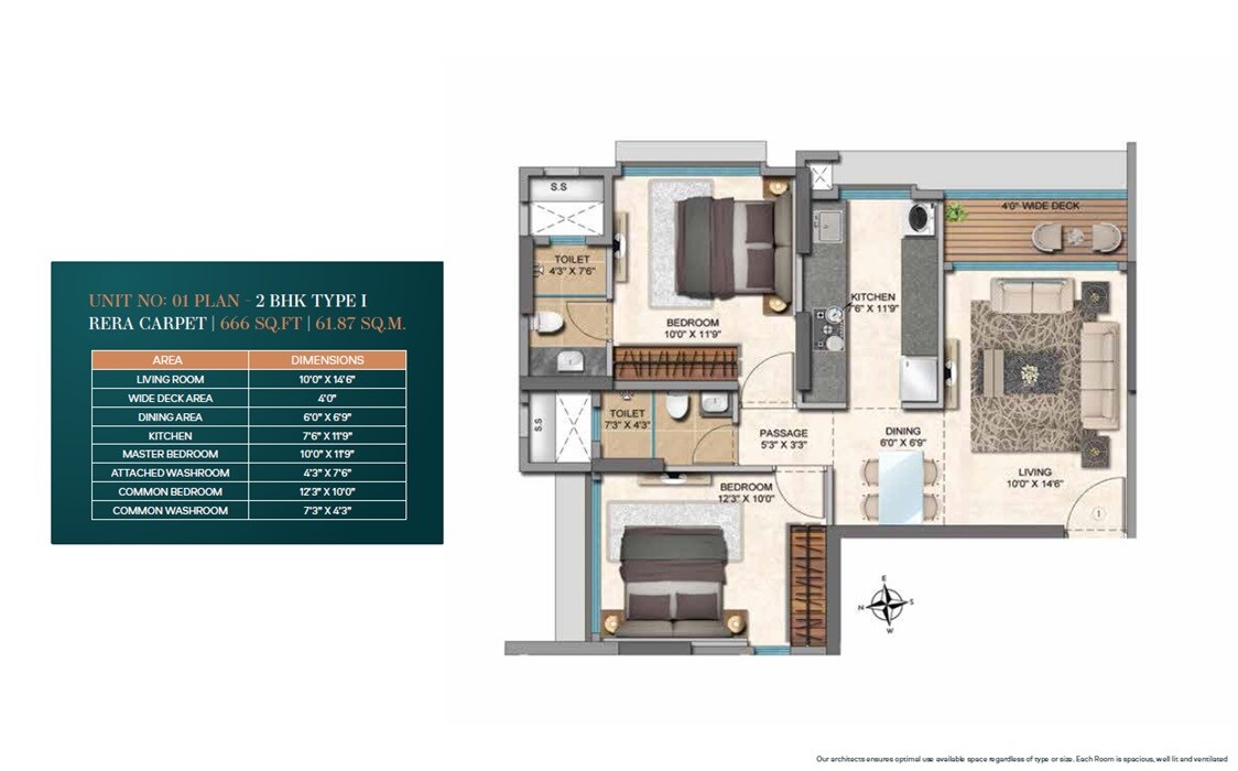 Floor plan of 2 BHK 666 Sq. Ft. Apartment in Ashapura The Legend, Mumbai