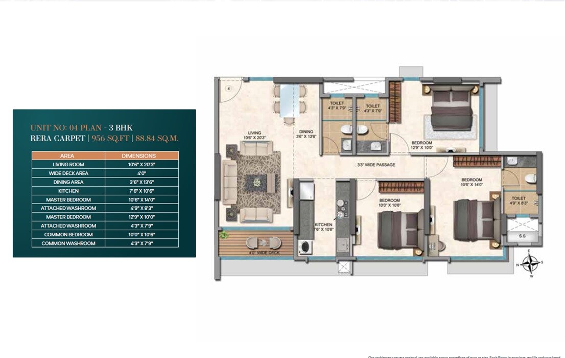 Floor plan of 3 BHK 956 Sq. Ft. Apartment in Ashapura The Legend, Mumbai