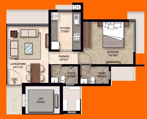 Floor plan of 1 BHK 393 Sq. Ft. Apartment in Ashapura The Rising 58, Mumbai