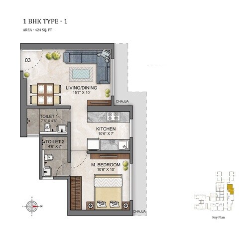 Floor plan of 1 BHK 424 Sq. Ft. Apartment in Ashar Maple Birch, Mumbai