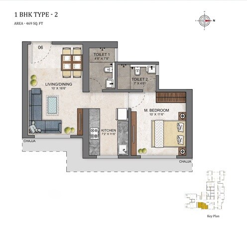 Floor plan of 1 BHK 469 Sq. Ft. Apartment in Ashar Maple Birch, Mumbai