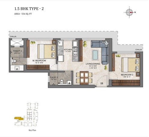 Floor plan of 1 BHK 466 Sq. Ft. Apartment in Ashar Maple Birch, Mumbai