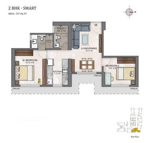 Floor plan of 2 BHK 557 Sq. Ft. Apartment in Ashar Maple Birch, Mumbai