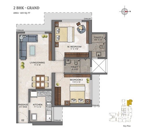 Floor plan of 2 BHK 683 Sq. Ft. Apartment in Ashar Maple Birch, Mumbai