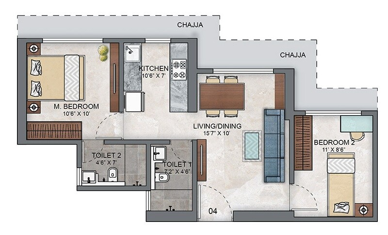 2 BHK 633 Sq. Ft. Apartment