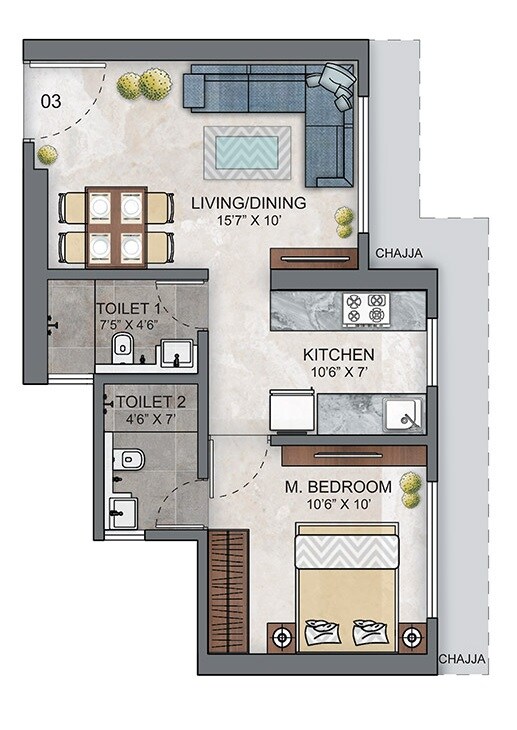 Floor plan of 1 BHK 418 Sq. Ft. Apartment in Ashar Maple Phase 1, Mumbai