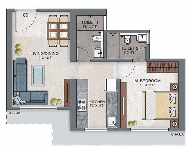 Floor plan of 1 BHK 421 Sq. Ft. Apartment in Ashar Maple Phase 1, Mumbai