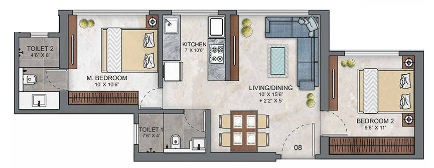 Floor plan of 2 BHK 633 Sq. Ft. Apartment in Ashar Maple Phase 1, Mumbai