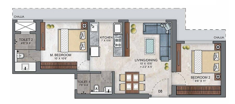 Floor plan of 2 BHK 637 Sq. Ft. Apartment in Ashar Maple Phase 1, Mumbai