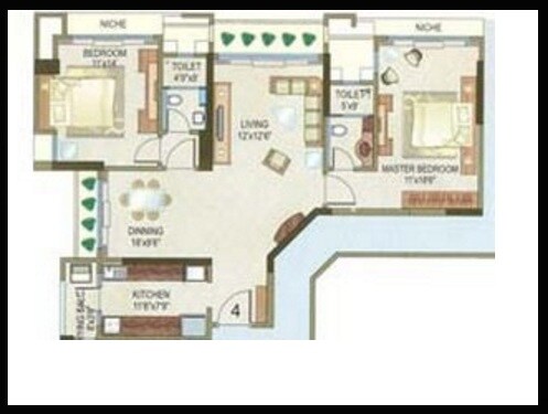 Floor plan of 2 BHK 1400 Sq. Ft. Apartment in Ashford Casa Grande, Mumbai