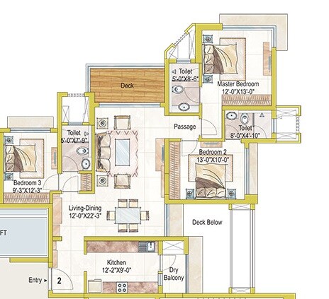 Floor plan of 3 BHK Apartment - 1138 sq. ft. in Ashford Royale, Mumbai