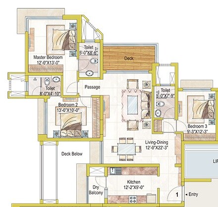 Floor plan of 3 BHK Apartment - 1305 sq. ft. in Ashford Royale, Mumbai