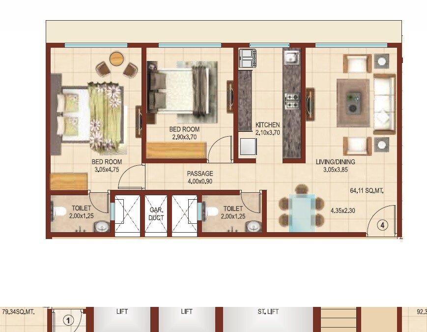Floor plan of 2 BHK 612 Sq. Ft. Apartment in Ashirwad Queens Square, Mumbai