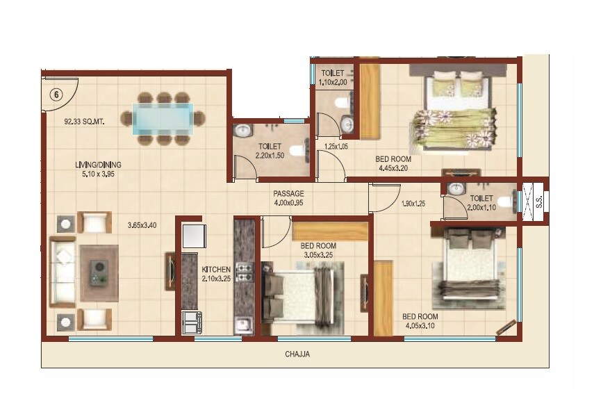 Floor plan of 3 BHK 854 Sq. Ft. Apartment in Ashirwad Queens Square, Mumbai