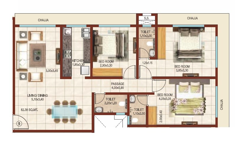 Floor plan of 3 BHK 993 Sq. Ft. Apartment in Ashirwad Queens Square, Mumbai