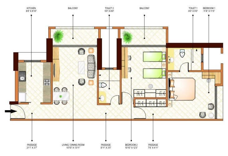 Floor plan of 2 BHK 1090 Sq. Ft. Apartment in Ashok Towers, Mumbai