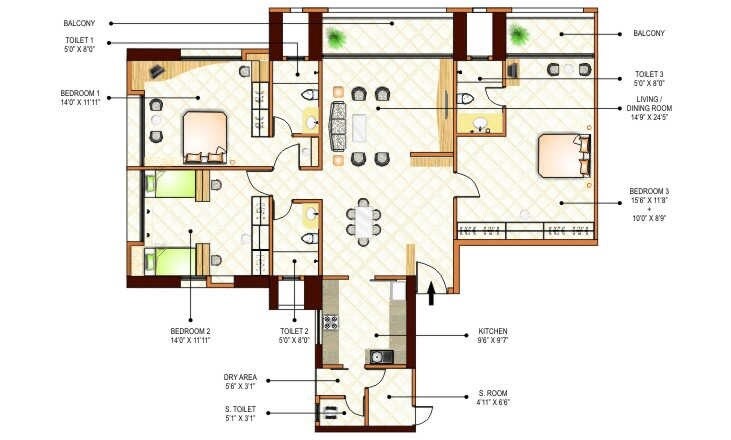 Floor plan of 3 BHK 1915 Sq. Ft. Apartment in Ashok Towers, Mumbai