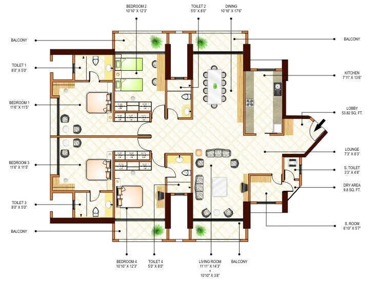 Floor plan of 4 BHK 2265 Sq. Ft. Apartment in Ashok Towers, Mumbai