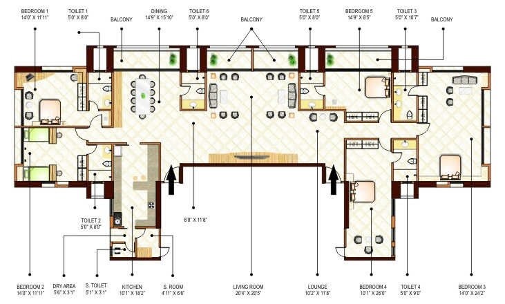 Floor plan of 5 BHK 3855 Sq. Ft. Apartment in Ashok Towers, Mumbai