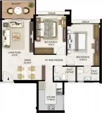 Floor plan of 2 BHK 728 Sq. Ft. Apartment in Ashray Jaswanti Jewel, Mumbai