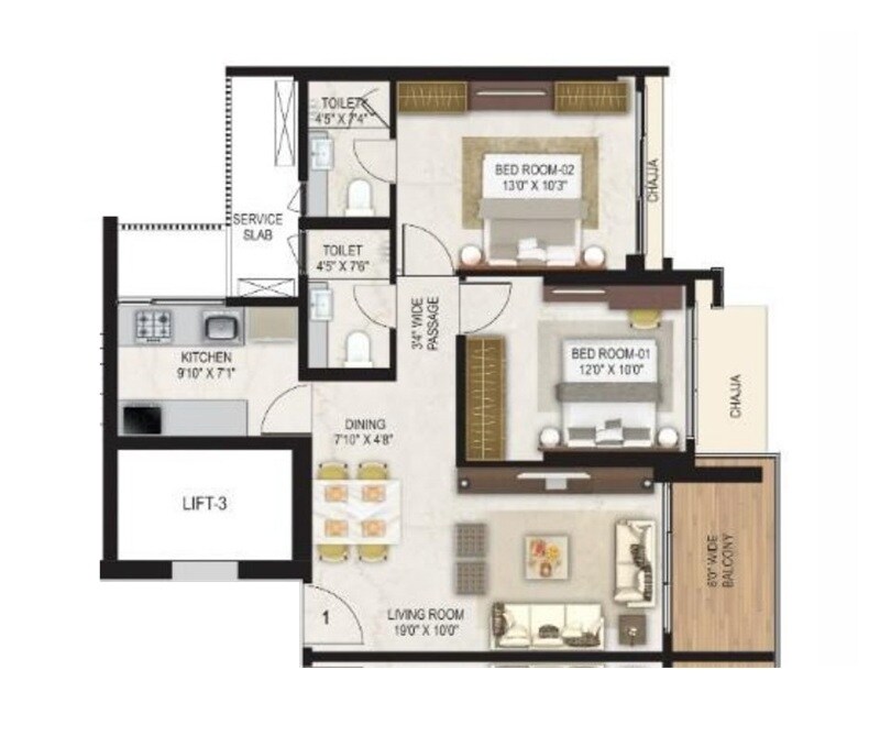 Floor plan of 2 BHK 766 Sq. Ft. Apartment in Ashray Jaswanti Jewel, Mumbai