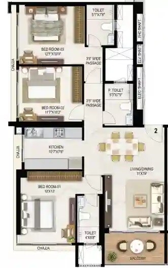 Floor plan of 3 BHK 938 Sq. Ft. Apartment in Ashray Jaswanti Jewel, Mumbai
