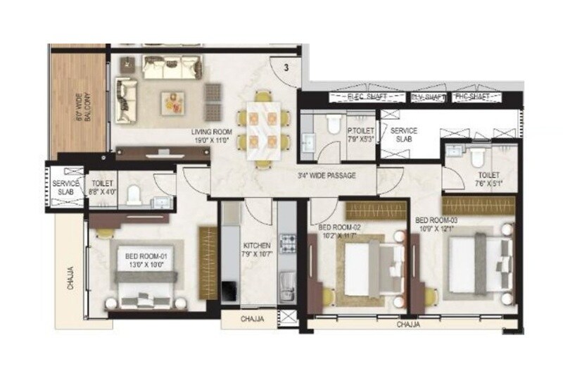 Floor plan of 3 BHK 1006 Sq. Ft. Apartment in Ashray Jaswanti Jewel, Mumbai