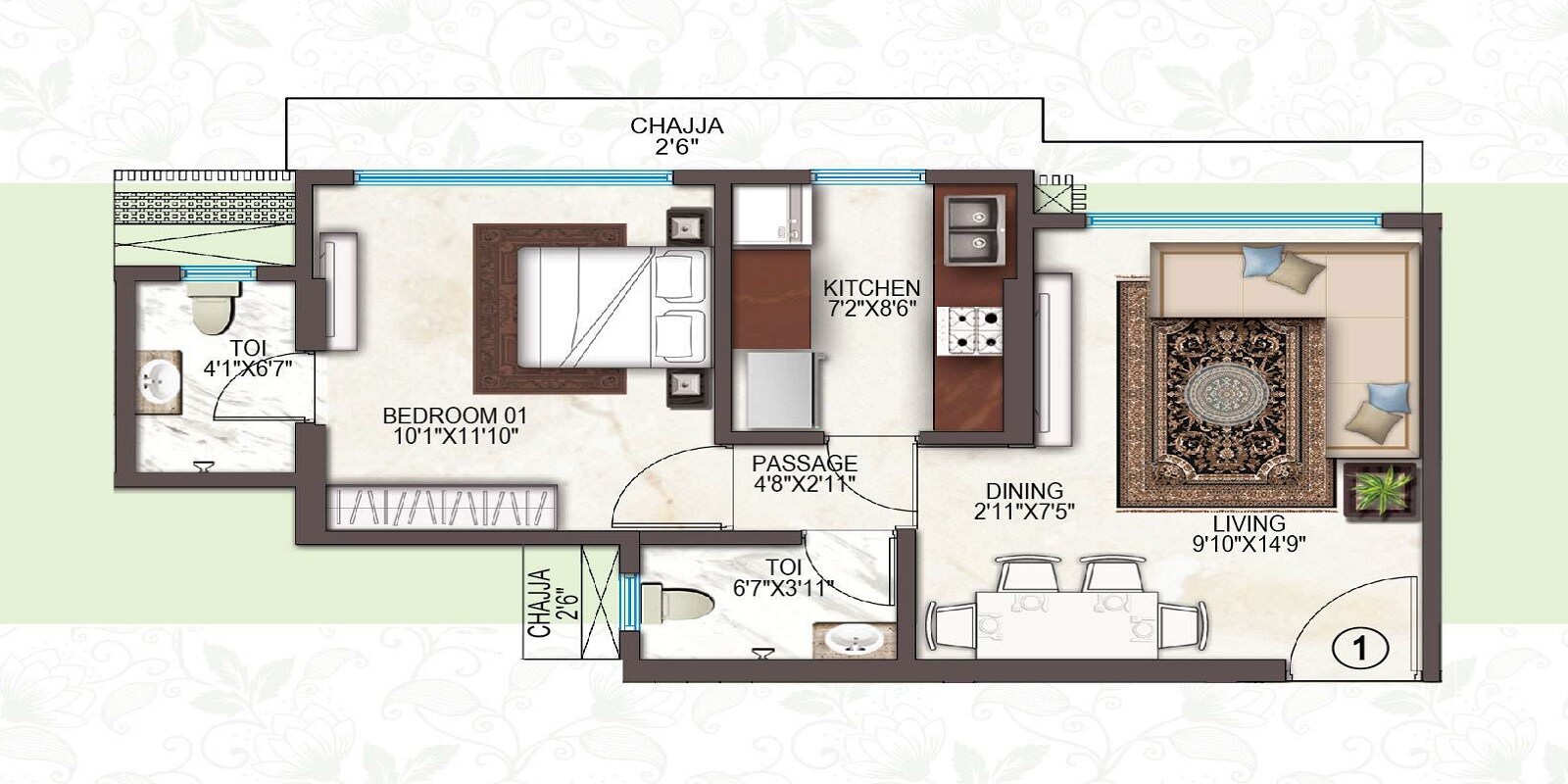 Floor plan of 1 BHK 417 Sq. Ft. Apartment in Ashray Jaswanti Woods, Mumbai
