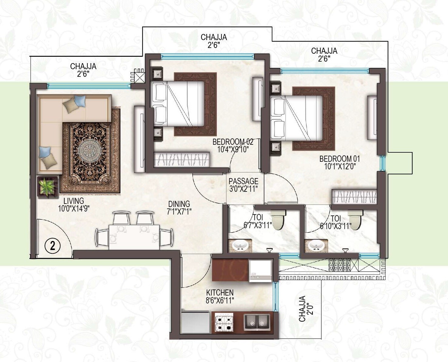 Floor plan of 2 BHK 577 Sq. Ft. Apartment in Ashray Jaswanti Woods, Mumbai