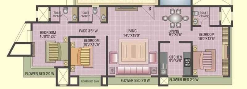 Floor plan of 3 BHK 864 Sq. Ft. Apartment in Ashwamedh Ashwa Platinum, Mumbai
