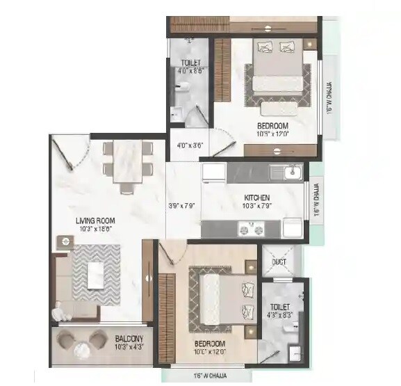 Floor plan of 2 BHK 702 Sq. Ft. Apartment in Ashwin Prem Bima Chhaya, Mumbai