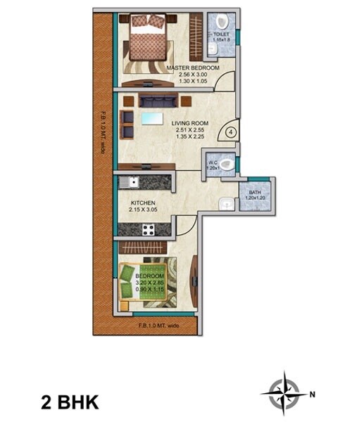 Floor plan of 2 BHK 674 Sq. Ft. Apartment in Asiad Arcade, Mumbai