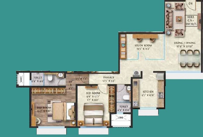 Floor plan of 3 BHK 938 Sq. Ft. Apartment in Asiatic Mehta Premiere, Mumbai