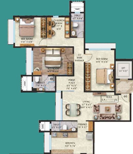 Floor plan of 3 BHK 1017 Sq. Ft. Apartment in Asiatic Mehta Premiere, Mumbai