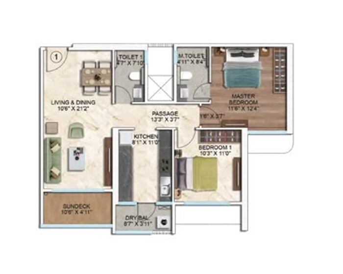 Floor plan of 2 BHK 750 Sq. Ft. Apartment in Asmi Legacy, Mumbai