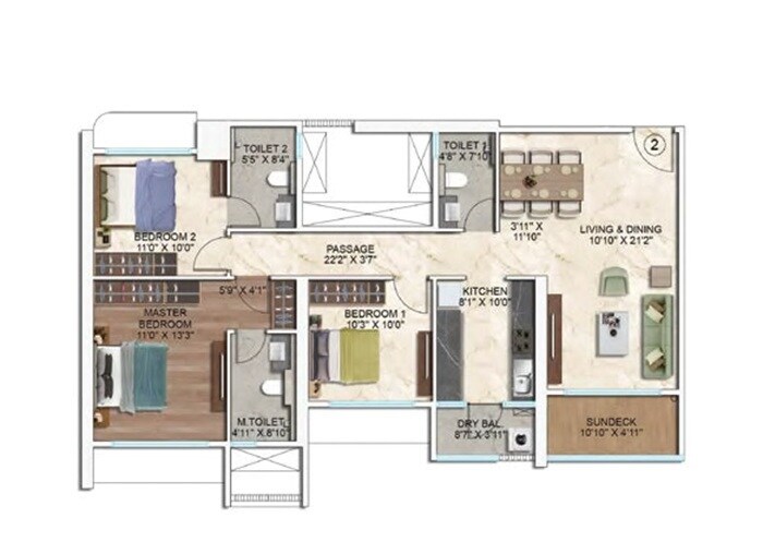 Floor plan of 3 BHK 1094 Sq. Ft. Apartment in Asmi Legacy, Mumbai