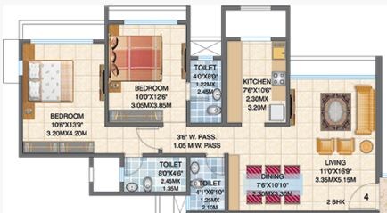 Floor plan of 2 BHK 900 Sq. Ft. Apartment in Asmita Sand Dunes, Mumbai