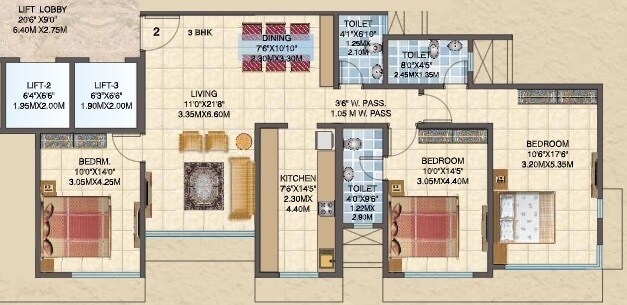 Floor plan of 3 BHK 1127 Sq. Ft. Apartment in Asmita Sand Dunes, Mumbai