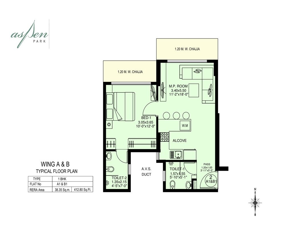 Floor plan of 1 BHK 413 Sq. Ft. Apartment in Aspen Park, Mumbai