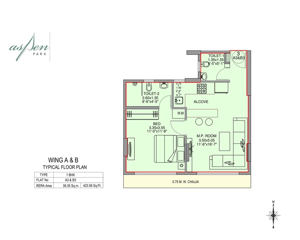 Floor plan of 1 BHK 424 Sq. Ft. Apartment in Aspen Park, Mumbai