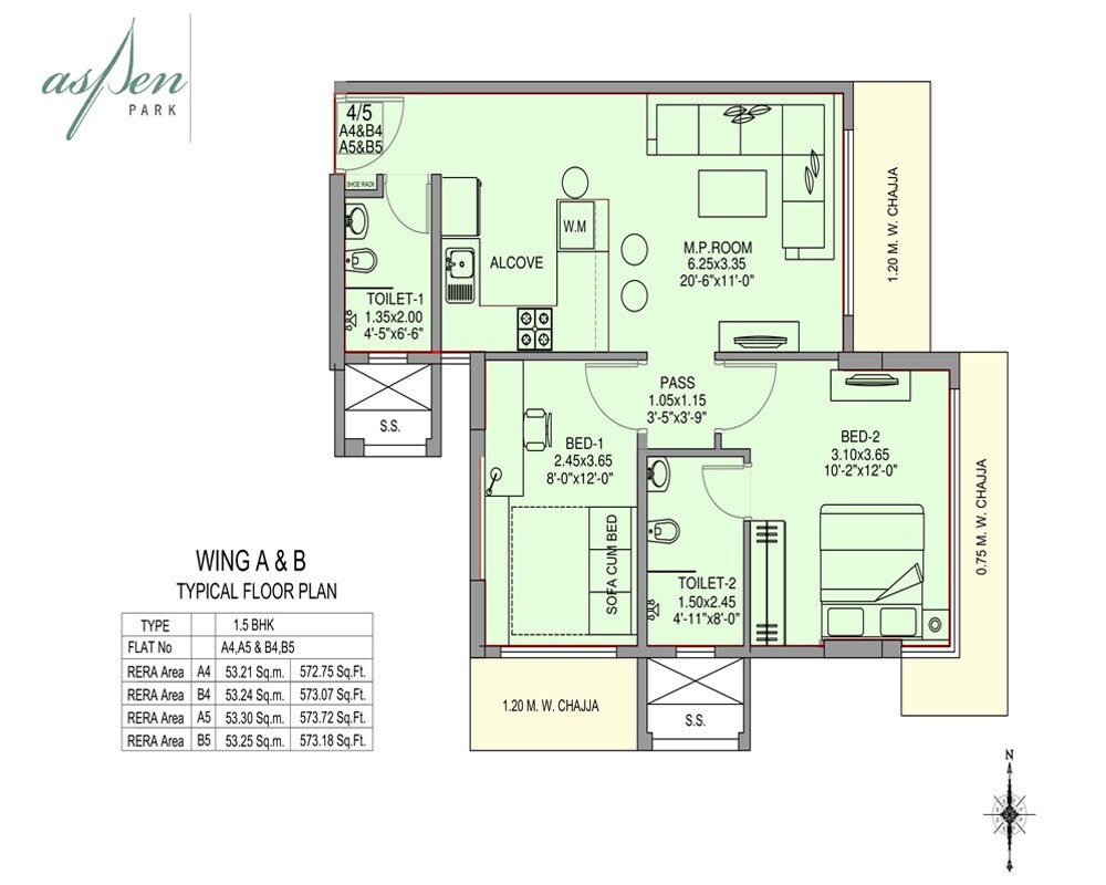 Floor plan of 1 BHK 573 Sq. Ft. Apartment in Aspen Park, Mumbai