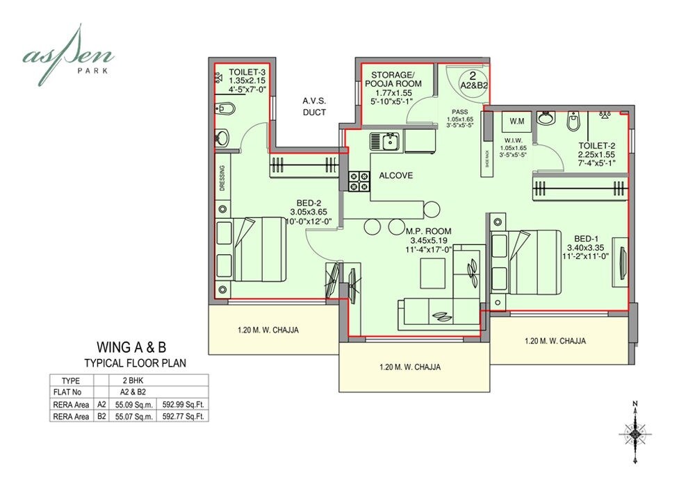 Floor plan of 2 BHK 593 Sq. Ft. Apartment in Aspen Park, Mumbai
