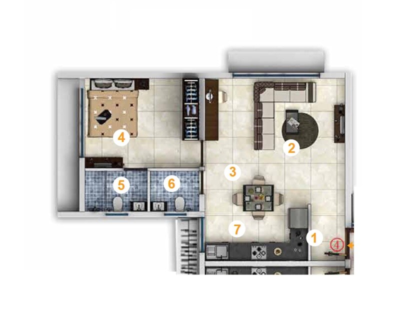 Floor plan of 1 BHK 531 Sq. Ft. Apartment in Aspire Residency, Mumbai