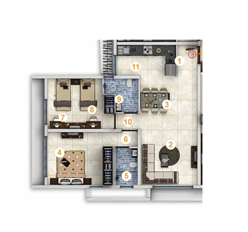 Floor plan of 2 BHK 722 Sq. Ft. Apartment in Aspire Residency, Mumbai